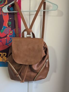 Brown Faux Leather Backpack Purse - Casual Women's Bag
